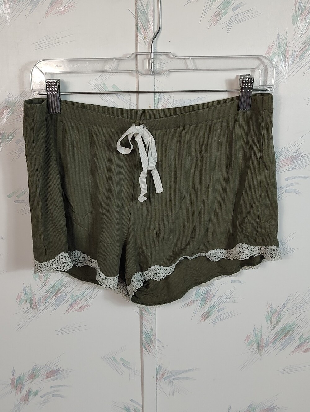 Women's Aerie Olive Green Ribbed Sleep Shorts with White Lace Trim